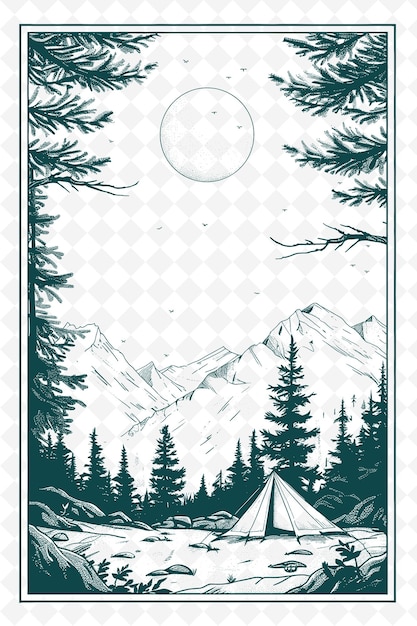 PSD png camping postcard design con outdoorsy frame style design de outline arts scribble decorative