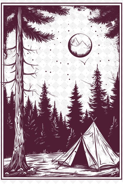 PSD png camping postcard design con outdoorsy frame style design de outline arts scribble decorative