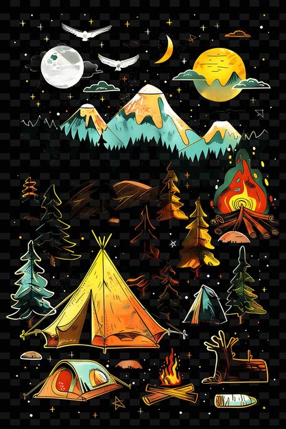 PSD png camping tape decal with images of tents and campfires rugge creative neon y2k shape decoratived