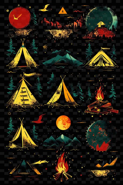 PSD png camping tape decal z obrazami namiotów i ognia kempingowego rugge creative neon y2k shape decoratived