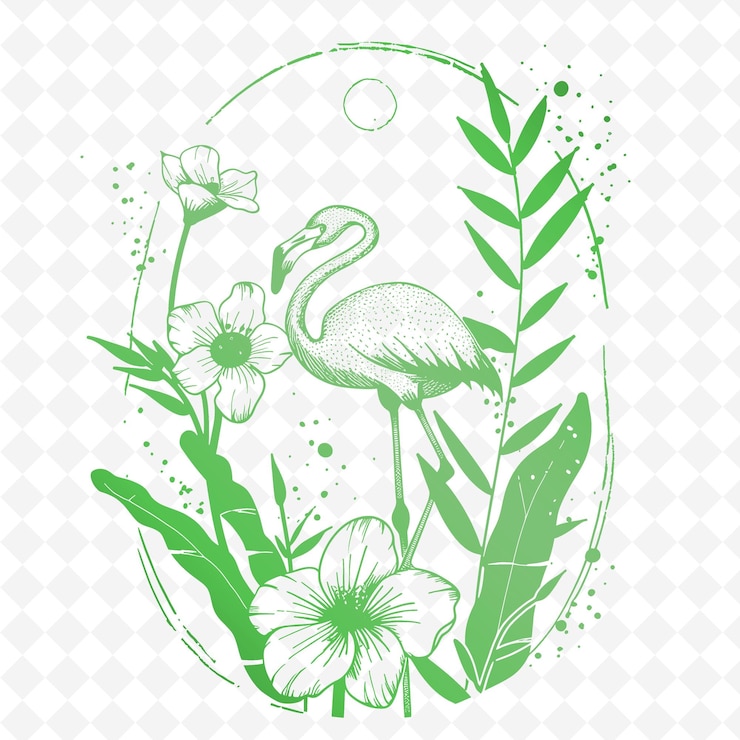 PSD png canna with flamingo outlines and stripped graphics with flor outline animal and tropical leave