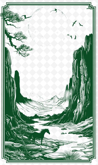 PSD png canyon design postcard with western frame style design decor outline arts scribble decorative