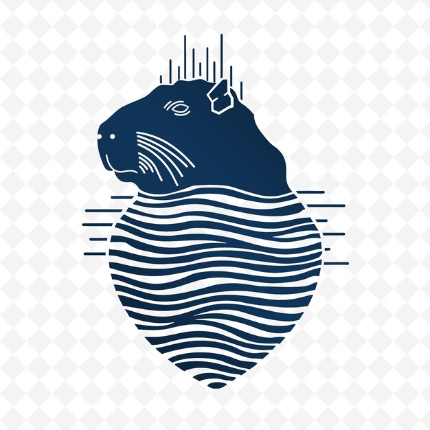 PSD png capybara spots with water ripple outlines and simplify desig outline animal and tropical leave