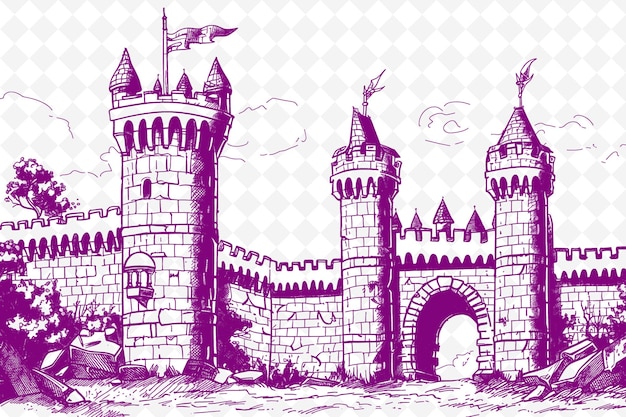 PSD png castle tower frame art with flag and drawbridge decorations ilustracja frame art decorative