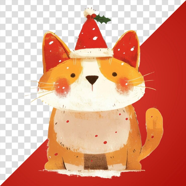 PSD png a cat wearing christmas hat illustration animal art