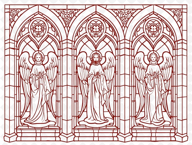 PSD png cathedral window frame art with angel and rose window decora illustration frame art decorative