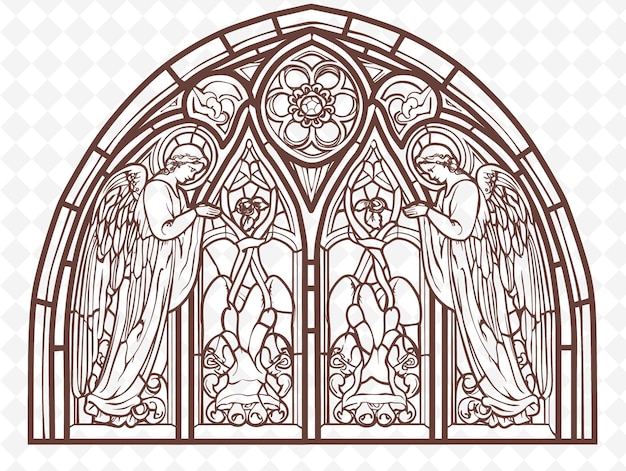 PSD png cathedral window frame art with angel and rose window decora illustration frame art decorative