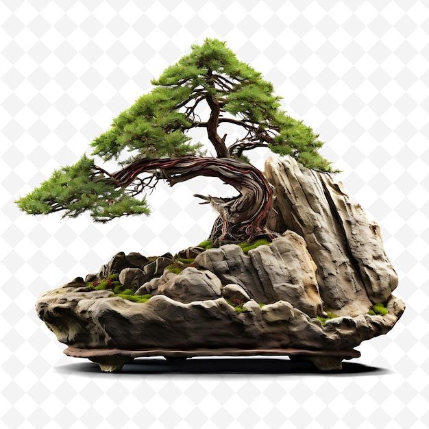 PSD png cedar bonsai tree stone pot needle like leaves majestic conc transparent diverse trees decor