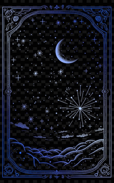 PSD png celestial postcard design with a starry night frame style fe outline arts scribble decorative