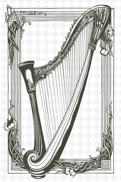 PSD png celtic harp frame art with shamrock and musical notes decora illustration frame art decorative