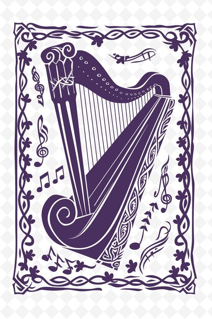 PSD png celtic harp frame art with shamrock and musical notes decora illustration frame art decorative