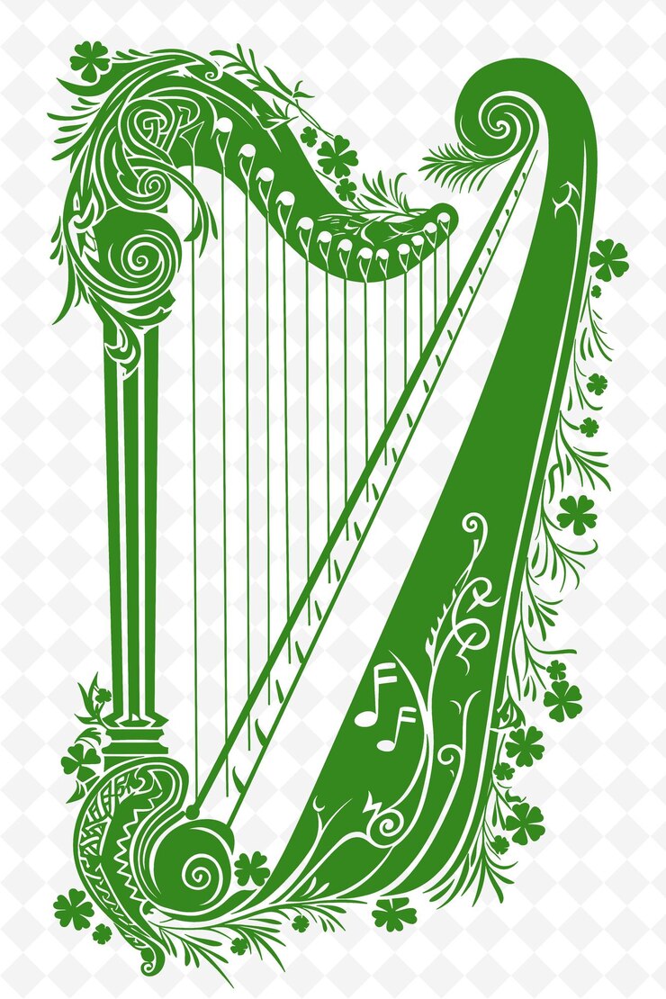 PSD png celtic harp frame art with shamrock and musical notes decora illustration frame art decorative