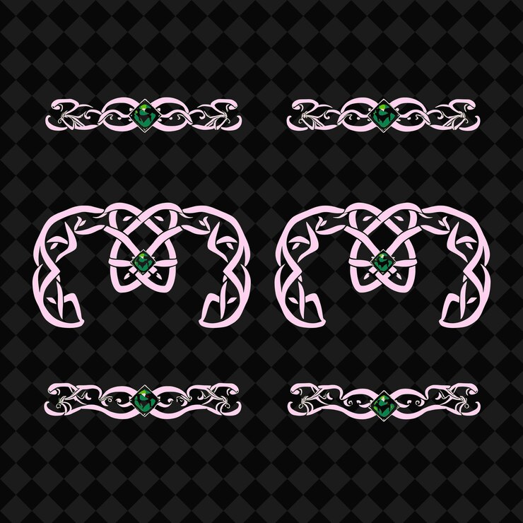 PSD png celtic knotwork borderlines with intricate interlacing patterns and gemstone folk art design