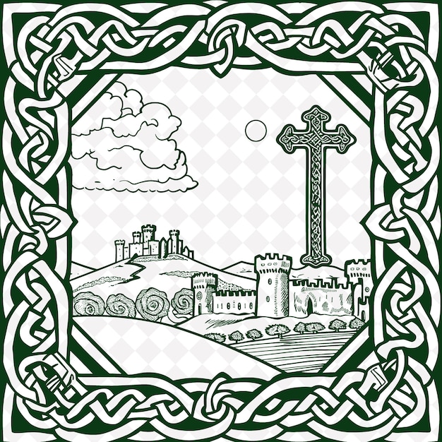 PSD png celtic revival folk art con modelli di intreccio e celtic c tradizionale unico telaio decorativo