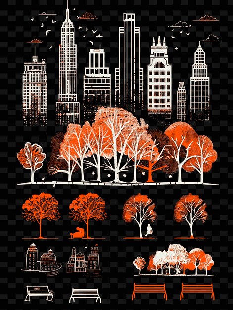 PSD png central park with natural street scene and park architecture illustration citys scene art decor