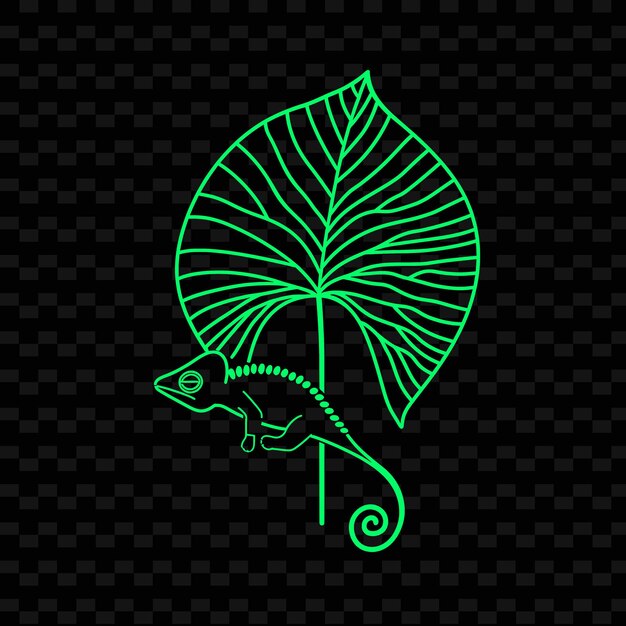 Png chameleon tail with elephant ear plant veins and minimalist outline animal and tropical leave