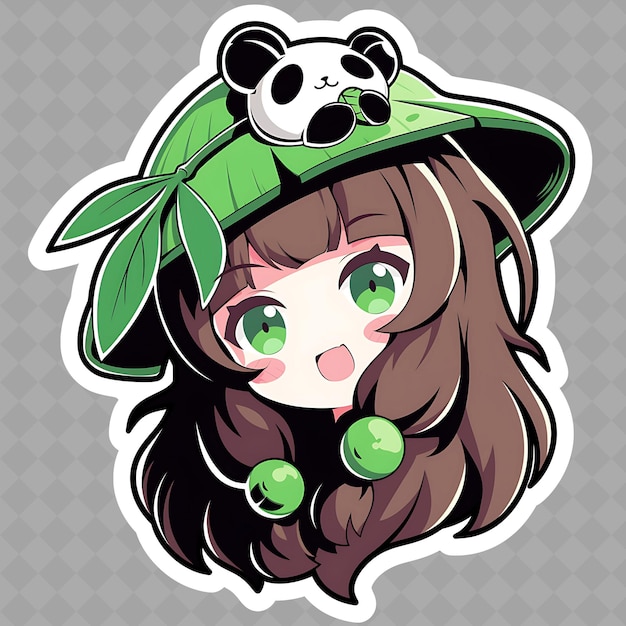 PSD png charming and kawaii anime panda girl with a bamboo leaf hat kreatywna kolekcja naklejek chibi