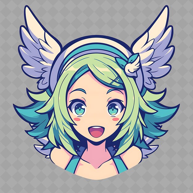 PSD png charming en kawaii anime bird girl met vogelvleugels en wear creative chibi sticker collection