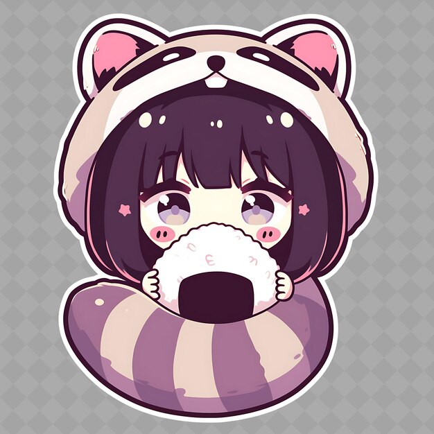 PSD png charming i kawaii anime raccoon girl z maską rakuna i kreatywną kolekcją naklejek chibi