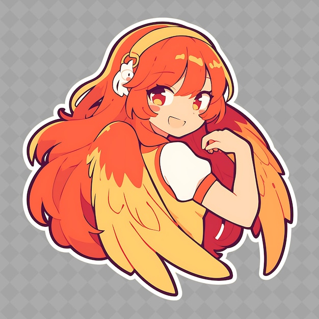 PSD png charming e kawaii anime bird girl con le ali d'uccello e indossa la creative chibi sticker collection