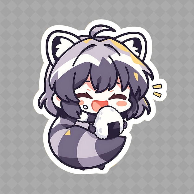 PSD png charming and kawaii anime raccoon girl with raccoon mask and creative chibi sticker collection