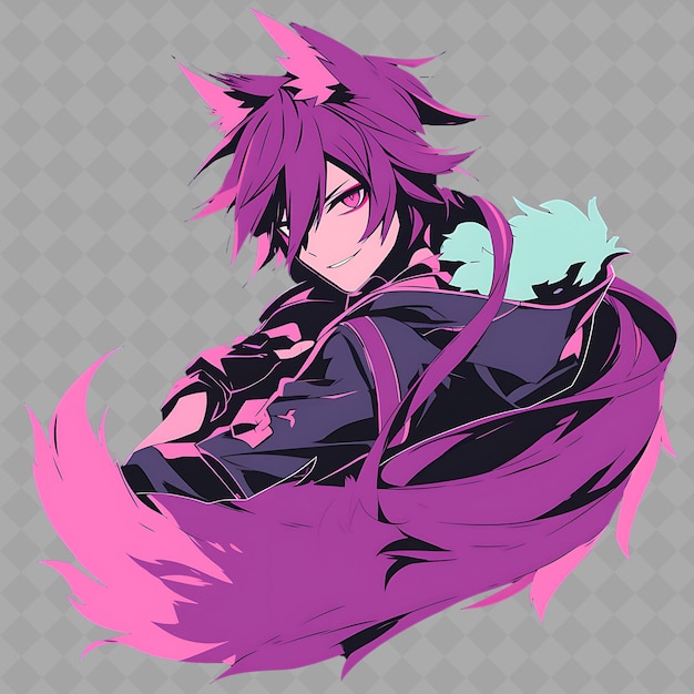 PSD png charming and sleek anime fox boy con orecchie di volpe e coda in creative chibi sticker collection