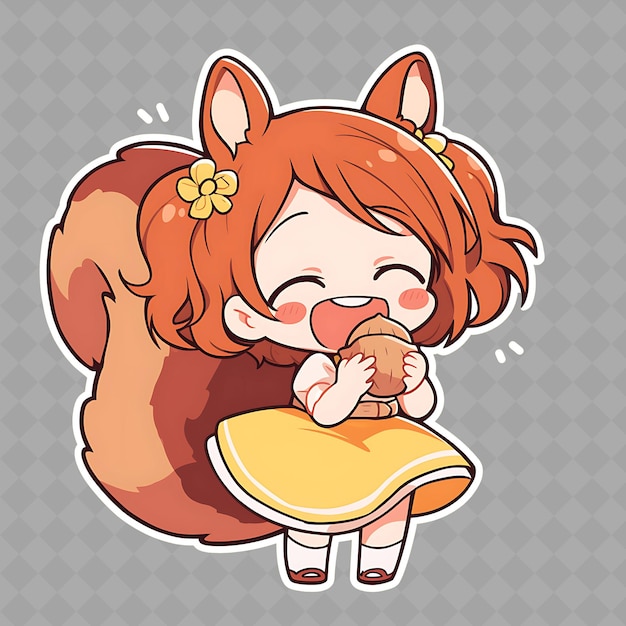 PSD png cheerful and optimistic anime squirrel girl with a bushy tai creative chibi sticker collection