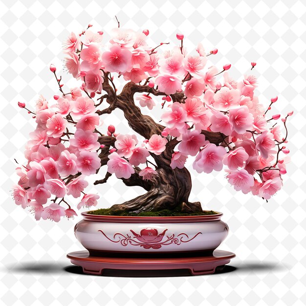 PSD png cherry blossom bonsai tree clay pot serrated leaves sakura i transparent diverse trees decor