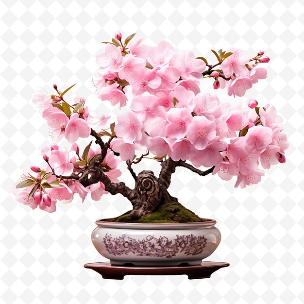PSD png cherry blossom bonsai tree porcelain pot serrated leaves spr transparent diverse trees decor