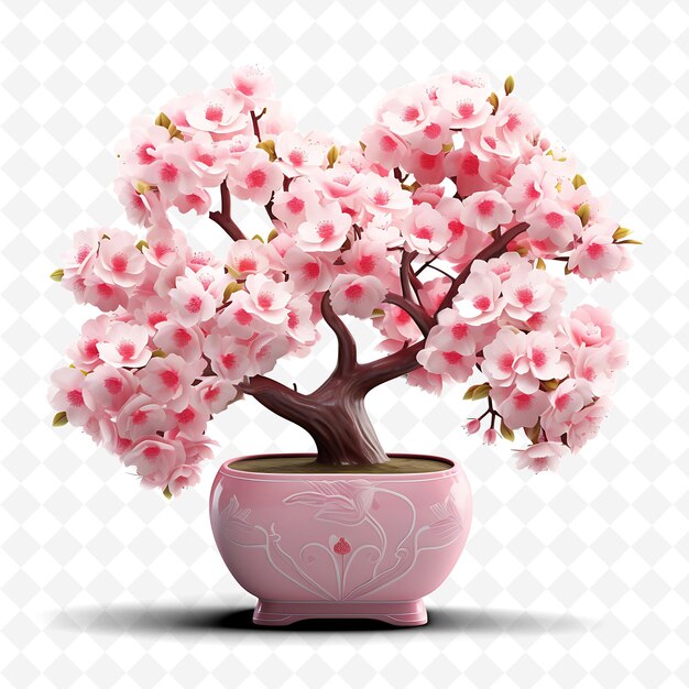 PSD png cherry bonsai tree porcelain pot heart shaped leaves cherry transparent diverse trees decor