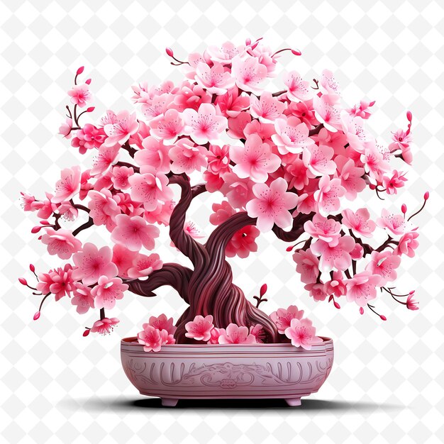 PSD png cherry bonsai tree porcelain pot heart shaped leaves cherry transparent diverse trees decor