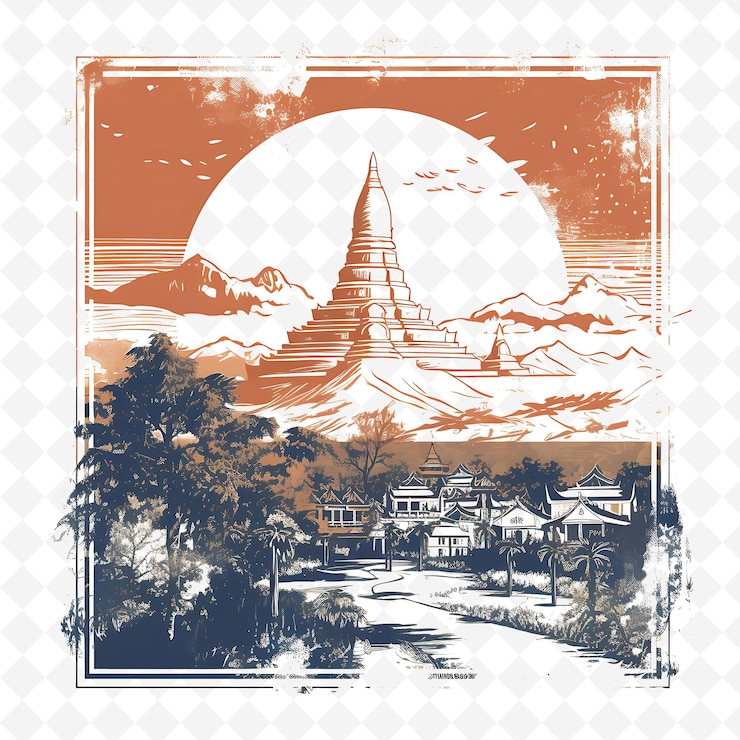PSD png chiang mai city with monochrome lavender color wat phra that handdrawn watercolor landscapes