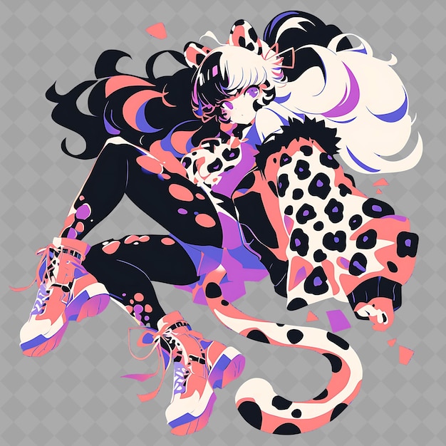 PSD png chic and stylish anime leopard girl with spots i kreatywna kolekcja naklejek chibi