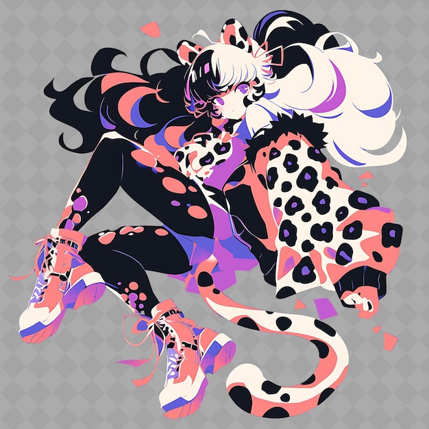 PSD png chic en stylish anime leopard girl met vlekken en een fashion creative chibi sticker collection