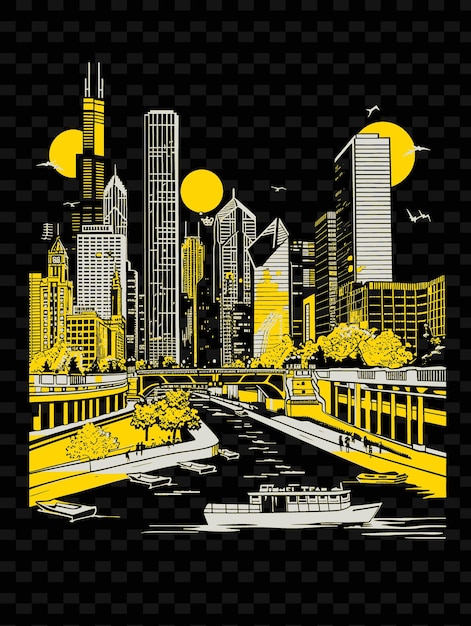 PSD png chicago met architectonische straatscene en wolkenkrabbers zal illustratie citys scene art decor