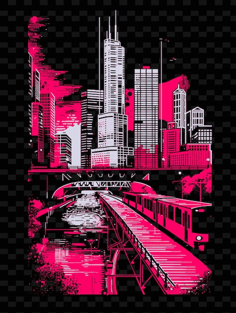 PSD png chicago met architectonische straatscene en wolkenkrabbers zal illustratie citys scene art decor