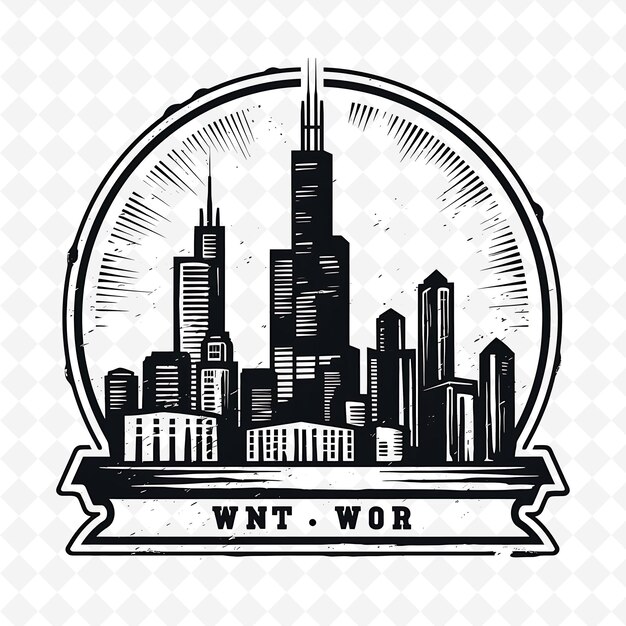 PSD png chicago z monochromatycznym szarym kolorem willis tower i skyline ręcznie narysowane akwarele krajobrazy