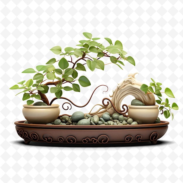 PSD png cinese elm bonsai terra cotta pot foglie ovali yin yang harm trasparente diversi alberi decorazione