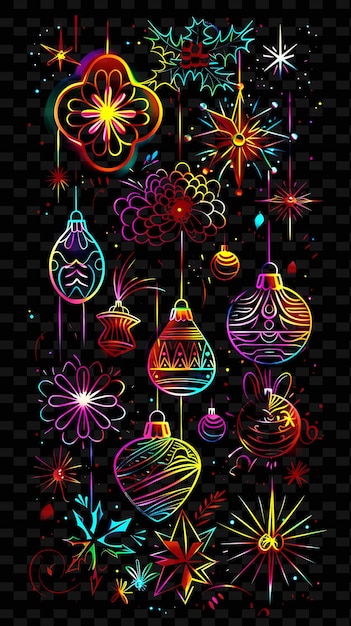 PSD png christmas decal with images of ornaments and with glowing a creative neon y2k shape decorativeu