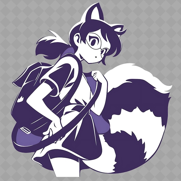 PSD png intelligente e ingegnosa anime raccoon girl con una maschera e una creativa collezione di adesivi chibi