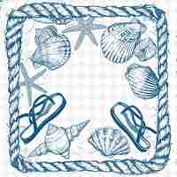 PSD png coastal beach folk art met seashells en flip flops voor decor traditioneel uniek frame decoratief