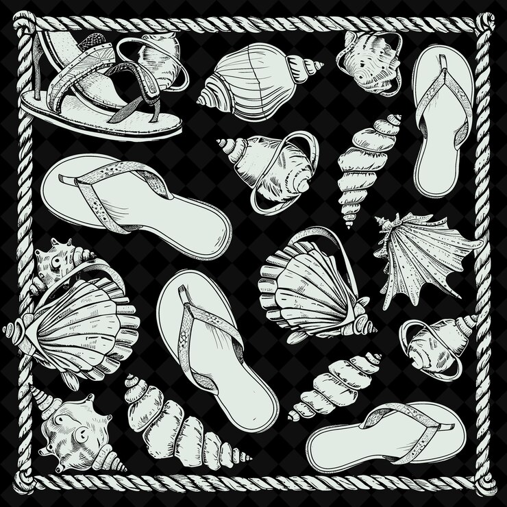 PSD png coastal beach folk art with seashells and flip flops for dec outline traditional frame art
