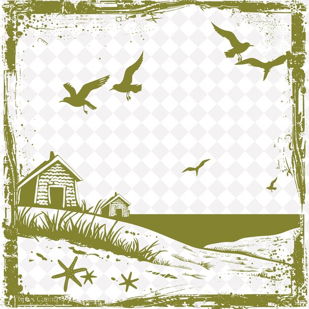 PSD png coastal folk art met meeuwen en zeesterren voor decoraties traditioneel uniek frame decoratief