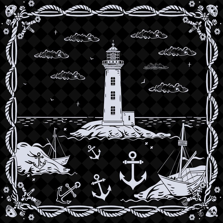 PSD png coastal lighthouse folk art with boats and anchors for decor outline traditional frame art