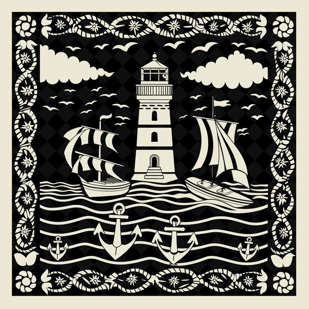 PSD png coastal lighthouse folk art with boats and anchors for decor outline tradycyjna sztuka ramkowa