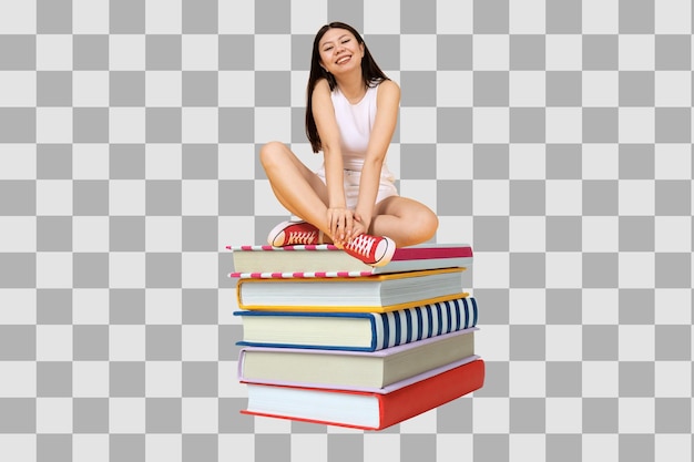 Девушка-постер-коллаж из ПНГ, сидящая на стопе книг, изолированных на белом фоне