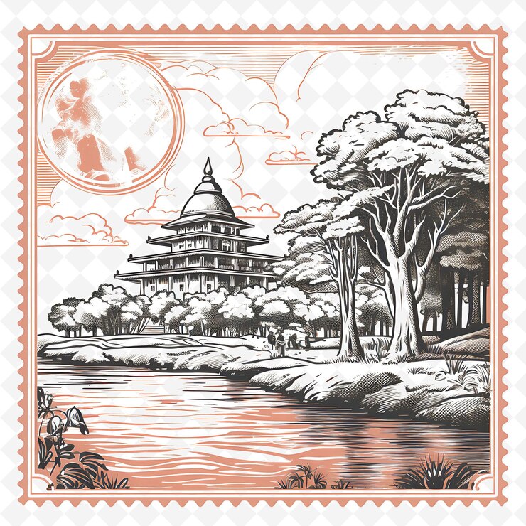 PSD png colombo city with monochrome coral color gangaramaya temple 2 handdrawn watercolor landscapesb