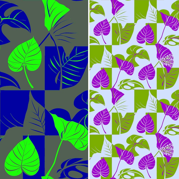 PSD png colorful anthurium leaves with bold philodendron shapes and nature pattern outline art design