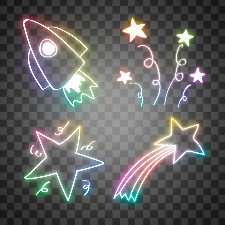 PSD pngカラフルネオン輝きの星のドードルセット
