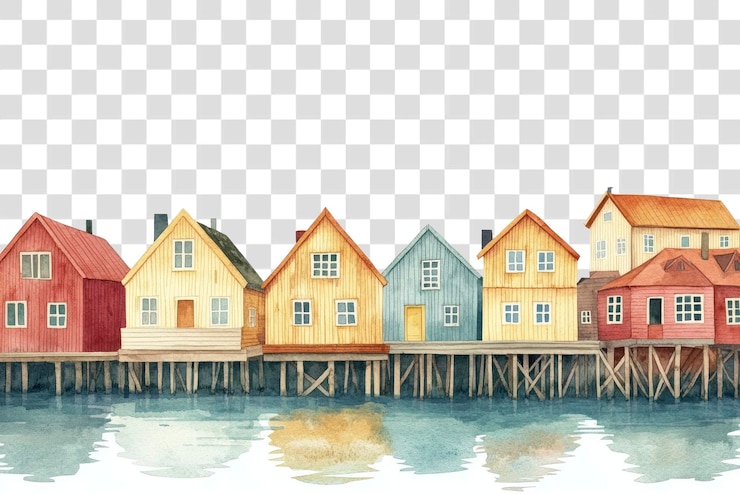 PSD png colorful norway fishing village architecture water illustration